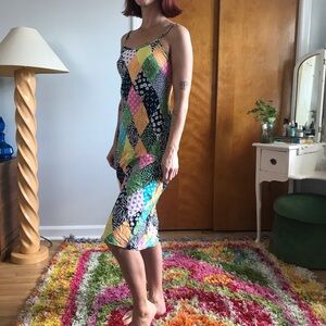 RIXO Patchwork Patterned Sleeveless Diamond Midi Shift Dress